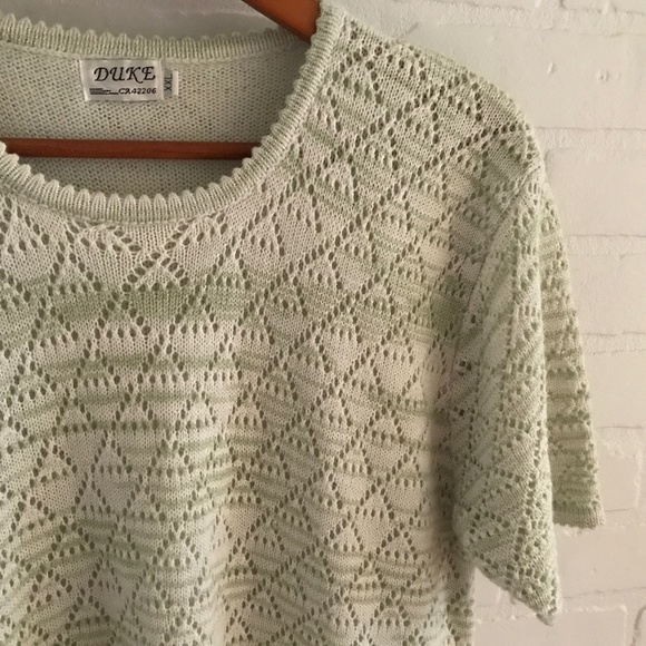 Vintage Knit Sweater Tee Short sleeve Mineral Green cream lined Plus Size XXL - Picture 2 of 10